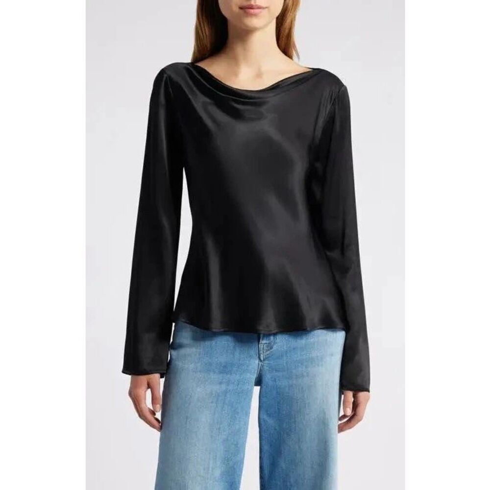 Rails Amari Cowl Neck Satin Top Size Medium Black Long Sleeve Draped